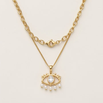 Vintage White Zircon Evil Eye Necklace with Pearls